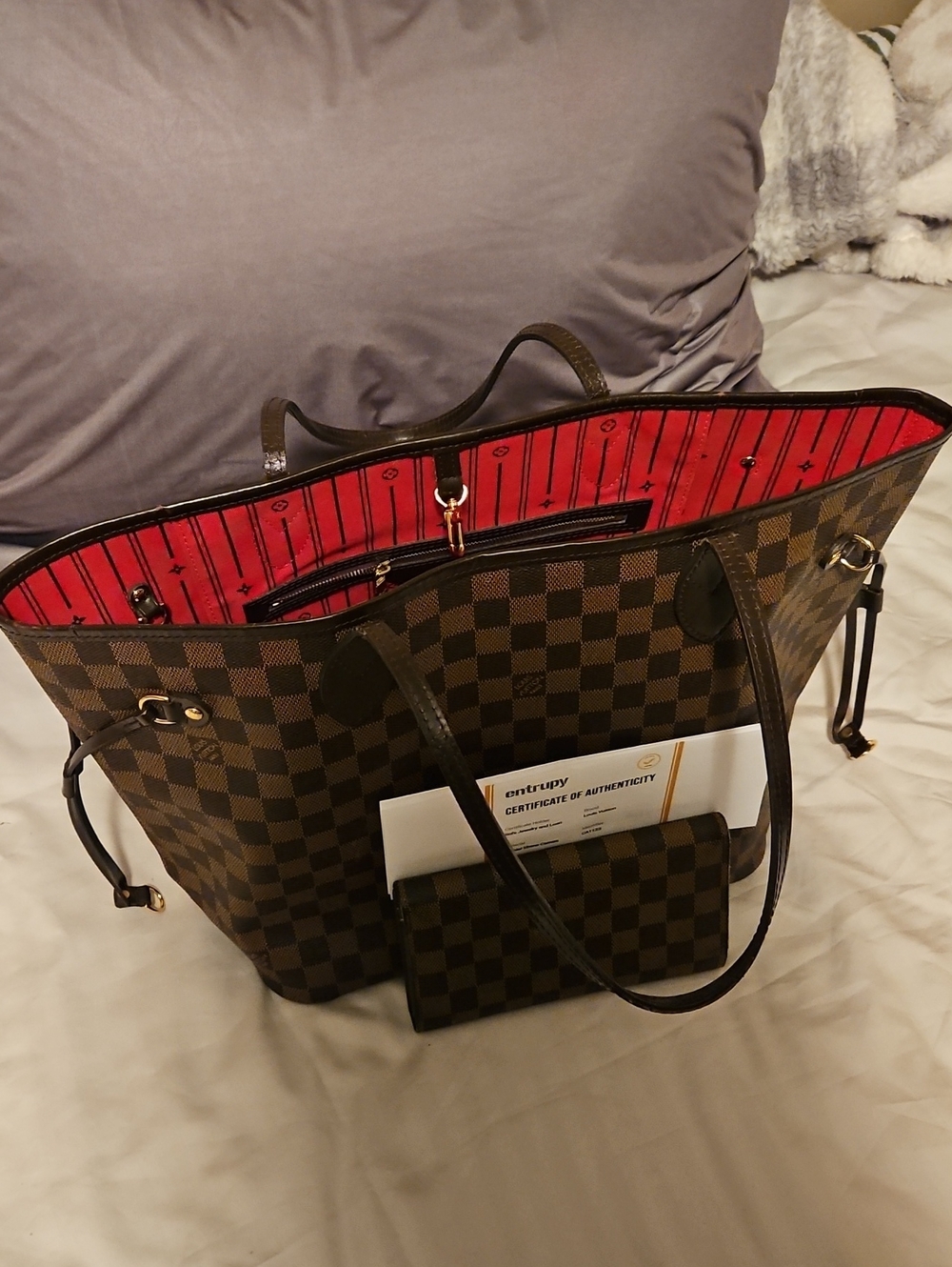 Authentic Louis Vuitton Neverfull MM Damier Ebene Sarah Long Wallet Included EUC - Picture 15 of 16